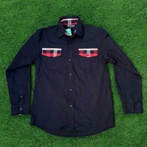 Men’s Black Button-Up Dress Shirt – Red & Black Plaid Pocket Detail